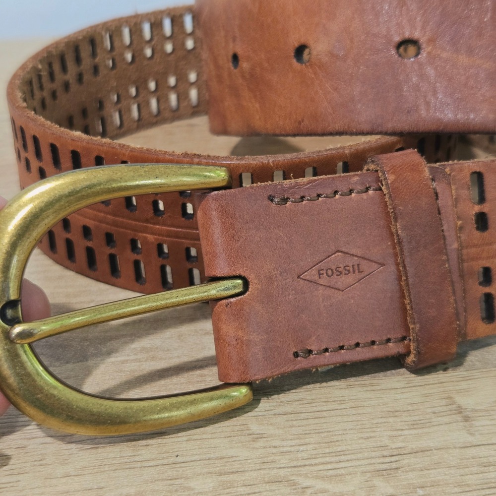 Fossil Leather Belt Womens Small Brown Perforated Geometric Brass Buckle Western